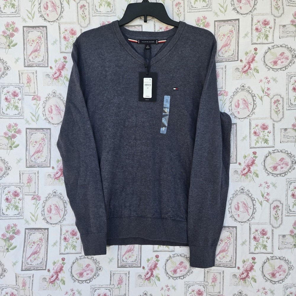New Tommy Hilfiger Men's Small Dark Blue Crew Neck Sweater 100% Cotton NWT‎